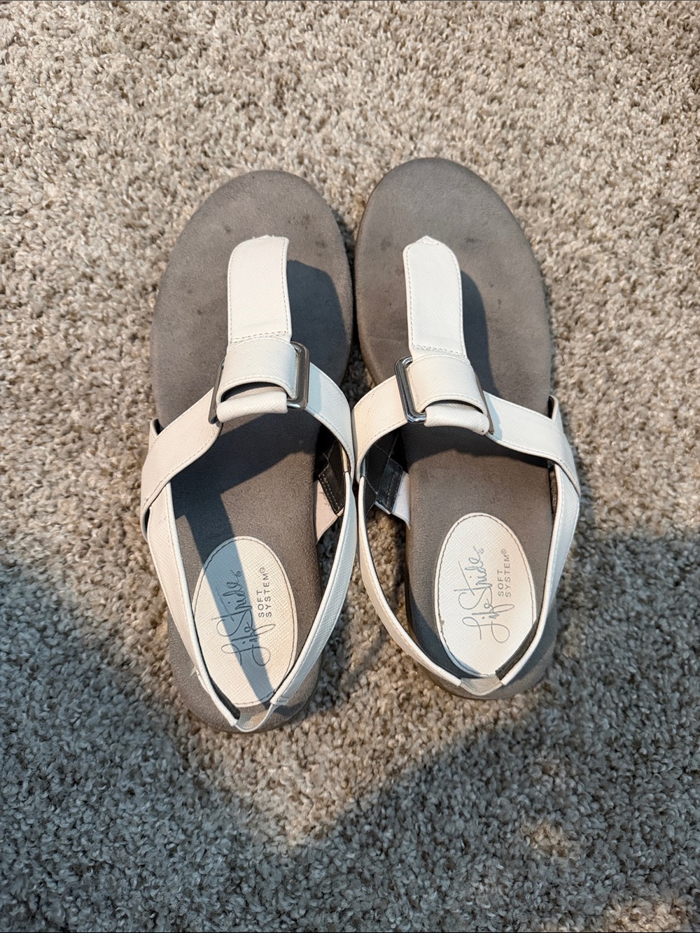 LifeStride White and Gray Comfort T-Strap Sandals
